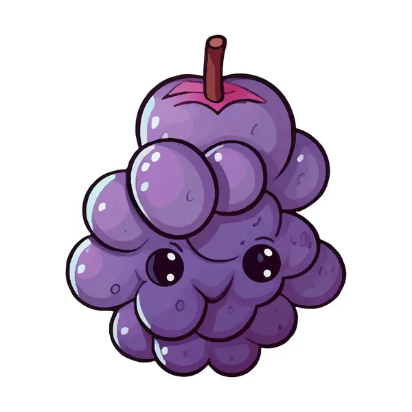Kawaii Grape Hand Drawn Vector Grape Funny Smile Cartoon Fruit — Stock Vector