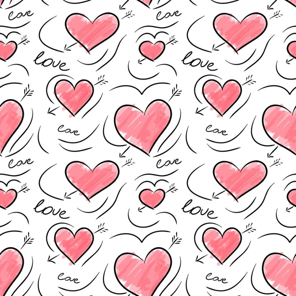 Doodle Hintergrund Mit Herzen Liebe Nahtlose Vektormuster Handgezeichnete Herzen — Stockvektor