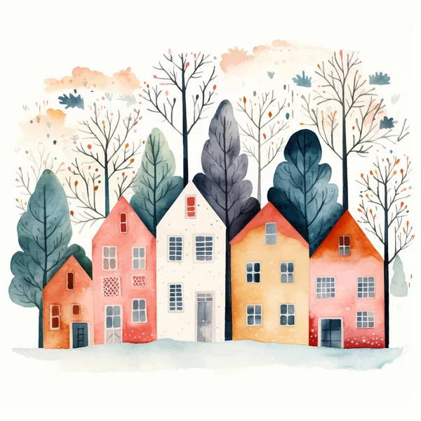 Şirin Skandi suluboya evleri. İskandinav evleri ve ağaçları. Çocuksu vektör çizimi. Avrupa sokağı.