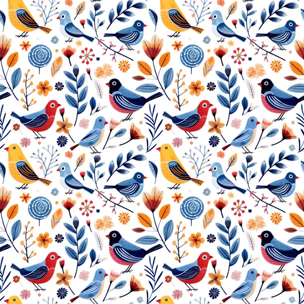 Oiseaux Motifs Sans Couture Gribouille Florale Aquarelle Dessinée Main Fond — Image vectorielle