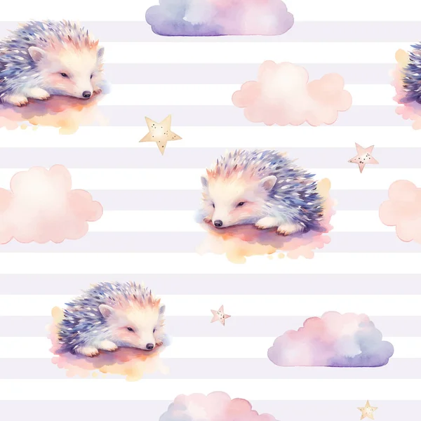 Seamless Cute Hedgehog Animal Pattern Watercolor Hedgehog Vector Background Pastel — Stock Vector