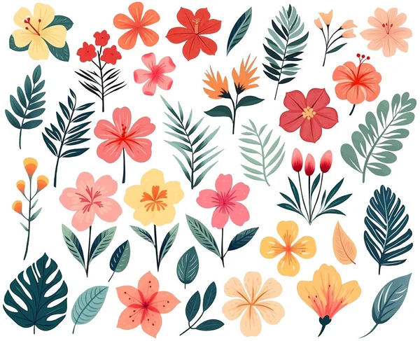 Sada Exotických Květin Listů Tropické Vektorové Květiny Květinová Ilustrace Akvarelu — Stockový vektor
