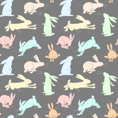Basit tavşan deseni. Sevimli renkli tavşanlar, koyu arkaplan. Çocuk tekstil ürünleri, duvar kâğıdı ve ambalaj için modaya uygun baskı. Kusursuz vektör deseni