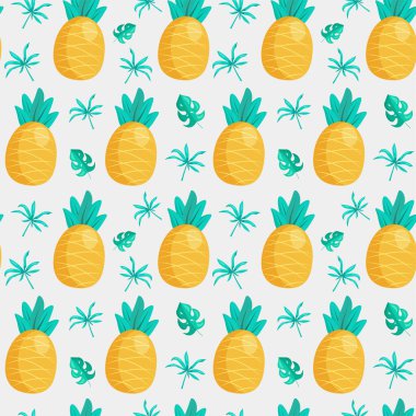 Ananas ve yapraklar. Tropikal meyveli vektörsüz desen.