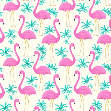 Flamingo ve tropikal yaprakların kusursuz yaz düzeni. Vektör arkaplanı