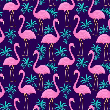 Flamingo ve tropikal yaprakların kusursuz yaz düzeni. Vektör arkaplanı