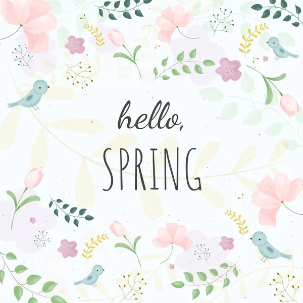 こんにちは春のバナーベクターイラスト 春休みのお祝いのための葉 花の季節の願い グリーティングカードデザイン — ストックベクタ