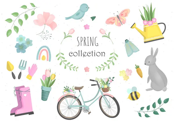 Весенний Набор Векторные Элементы Цветы Птица Велосипед Резиновые Сапоги Другие — стоковый вектор