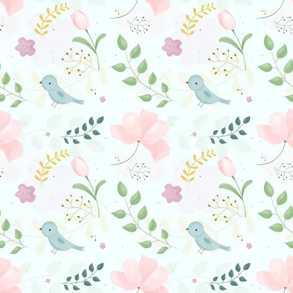 Бесшовный Цветочный Узор Птицами Весной День Рождения Свадьбу Юбилей Вечеринку — стоковый вектор