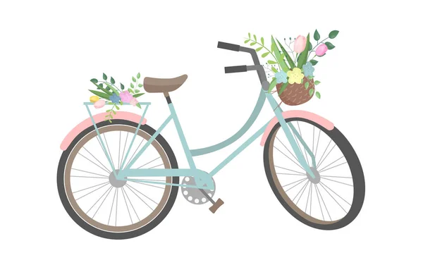 Renkli Çiçekli Sepetli Şirin Bir Bisiklet Beyaz Arka Planda Izole — Stok Vektör