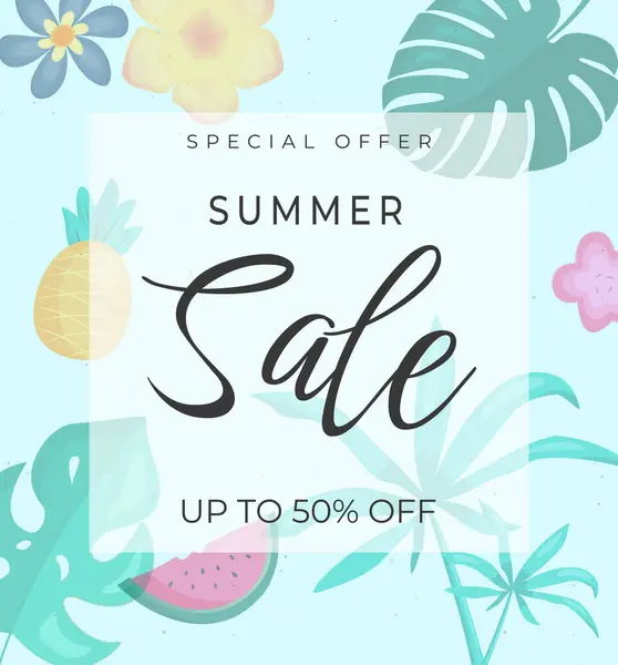 Summer Sale Banner Bright Colors Tropical Leaves Discount Text Template — Stock Vector