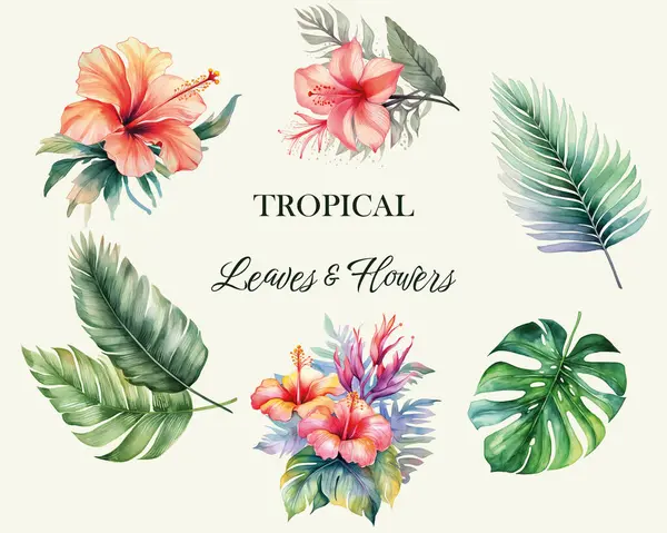 熱帯ベクターの花 水彩花のイラスト エキゾチックな花と葉のセット トロピカルコレクション — ストックベクタ