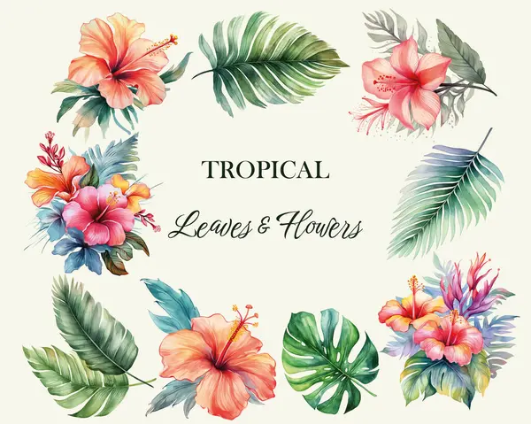 热带病媒花 水彩画 一套异国情调的花叶 热带采集 — 图库矢量图片