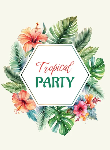 带有树叶和花朵的热带框架 用于宴会请柬 海报和结婚证 病媒模板 — 图库矢量图片