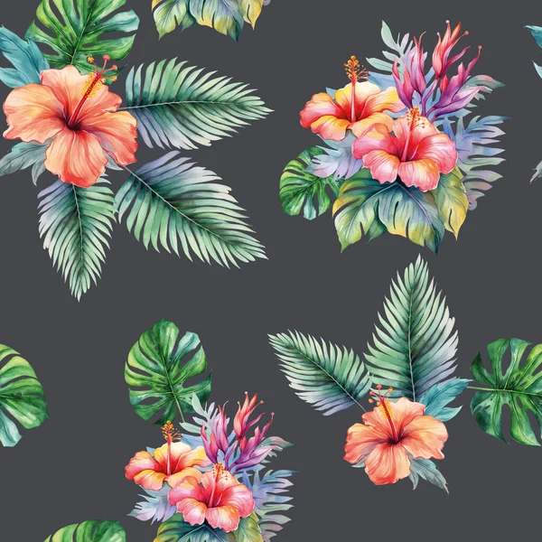 无缝线的真实感矢量植物模式 水彩画的热带背景 带有异国情调花朵的水彩图案 — 图库矢量图片