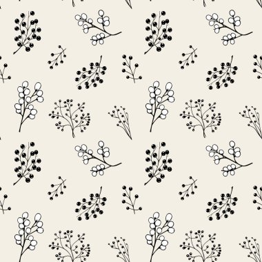 Tek renkli çiçekli arka plan. Yapraklar ve böğürtlenlerle kusursuz desen. El çizimi botanik duvar kağıdı