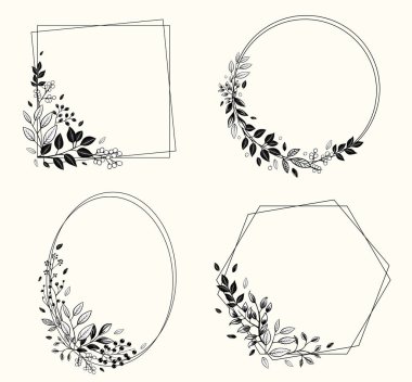Yaprak ve böğürtlenli tek renkli botanik çerçeveler. Davetiyeler, posterler ve düğün için vektör sınır çelengi. 