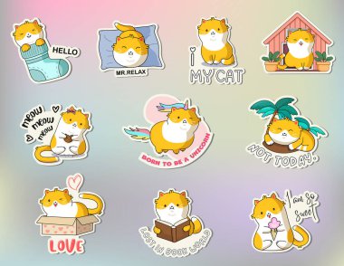Komik kedi çıkartması paketi. Şirin Kawaii Kedileri komik pozlar veriyor. Çizgi film kedilerinin çıkartma tasarımı. Tapılası kawaii hayvanları.