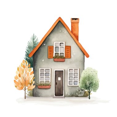 İskandinav evi ve ağaçları. Şirin Scandi suluboya evi. Avrupa binasının dış tarafı. Çocuksu vektör illüstrasyonu