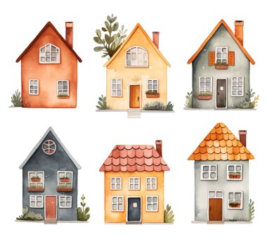 Moda Scandi vektör evleri. Suluboya İskandinav evleri. Sevimli çocuksu Avrupa binaları. 