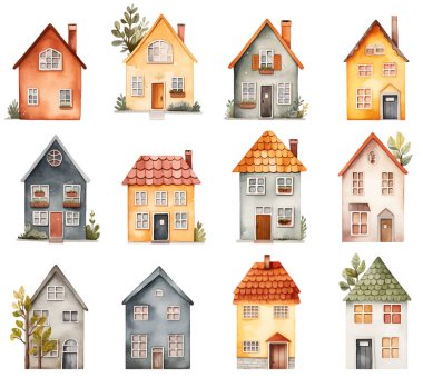 Bir dizi suluboya İskandinav evi tırmanıyor. Moda Scandi vektör evleri. Sevimli çocuksu Avrupa binaları. 