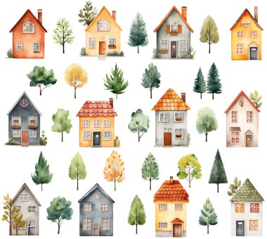 Büyük bir suluboya set İskandinav evleri ve ağaçları. İzole edilmiş sevimli çocuksu binalar. Moda tarayıcı vektör elementleri