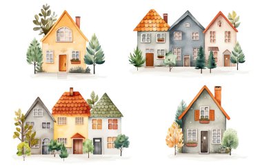 İskandinav kart evleri ve ağaçları. Avrupa caddesi. Şirin Skandi suluboya evleri. Çocukça çizimler