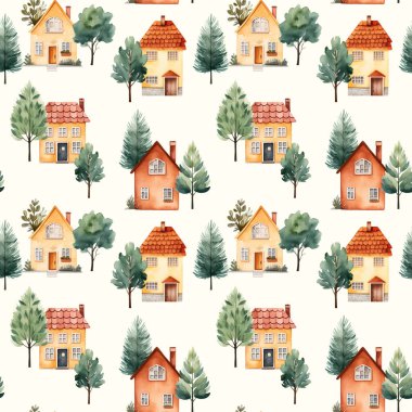 Şirin suluboya binalar ve ağaçlar. Avrupa 'daki evler pürüzsüz. Moda tarayıcı vektör arkaplanı