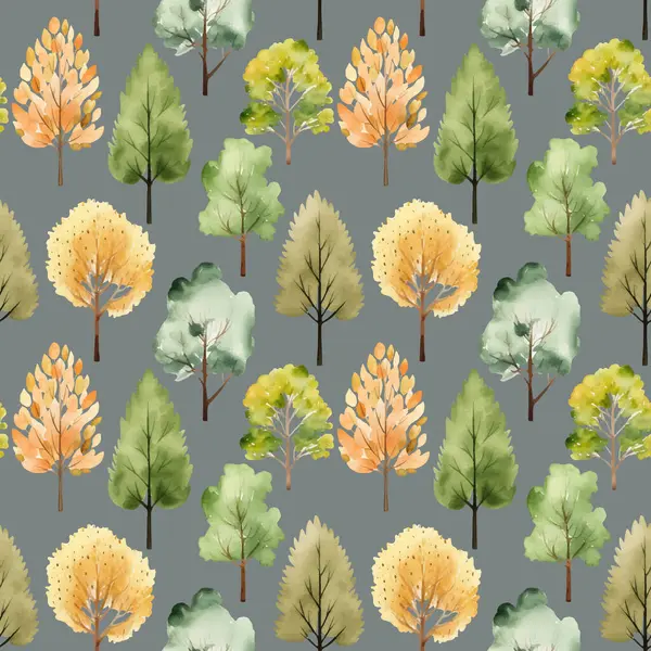 Şirin Suluboya Ağaçları Kusursuz Desen Sonbahar Ağaçları Duvar Kağıdı Moda — Stok Vektör