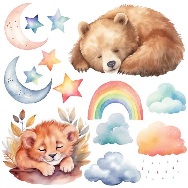 Suluboya uyuyan ayı bebek aslan seti. Elle çizilmiş çocuk odası öğeleri, duvar çıkartmaları olan vektör klipsli resim.