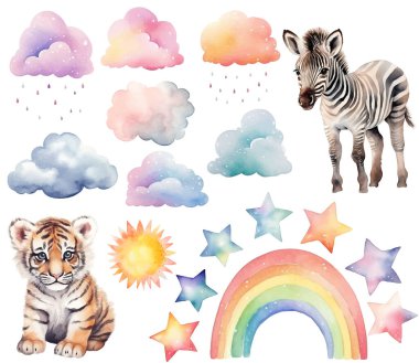 Suluboya bebek kaplan, zebra. Bebek odası elementleri, bulutlar gökkuşağı, yıldızlar, duvar çıkartmaları.