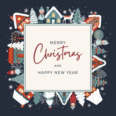 Kare kış kartı, Noel çerçevesi, Skandi evleri, kızlar, geyikler, karlı ağaçlar. Yeni yıl, kış posteri, süs