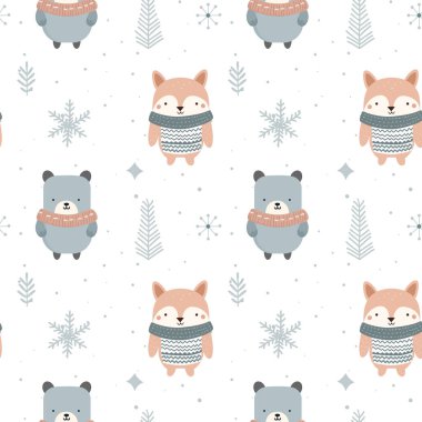 Şirin kutup hayvanlarıyla kışın pürüzsüz desen. İskandinav Noel vektör deseni. Kış arkaplan tasarımı.