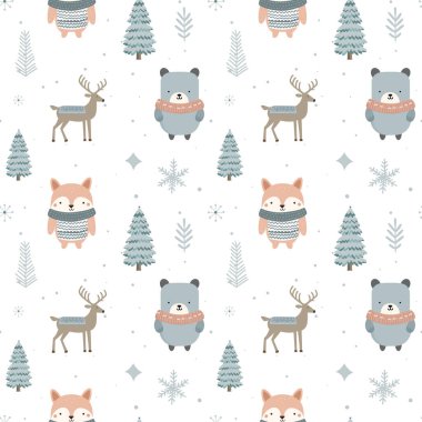Şirin kutup hayvanlarıyla kışın pürüzsüz desen. İskandinav Noel şablonu. Kış arkaplan tasarımı.