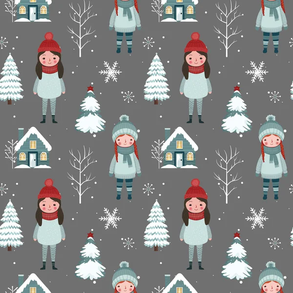 Kızlarla Evle Karlı Ağaçlarla Kusursuz Kış Düzeni Noel Vektör Modeli — Stok Vektör