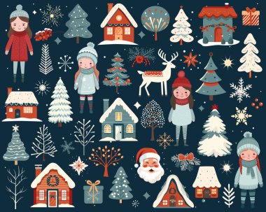 Bir sürü şirin Noel elementi. Scandi Noel illüstrasyonu, evler, karlı ağaçlar, kızlar, geyikler, Noel Baba.