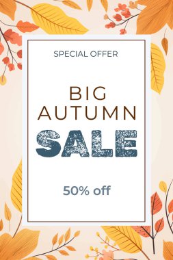 Parlak, güzel yaprak çerçeveli bir poster. Sonbahar arkaplanı, afiş, broşür tasarımı. Reklam ve sosyal medya şablonu
