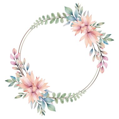 Botanik suluboya çerçeveli düğün davetiyeleri, posterler ve kartlar. Vektör çiçekli pastel çelenk. Suluboya bitkileri şablonu.