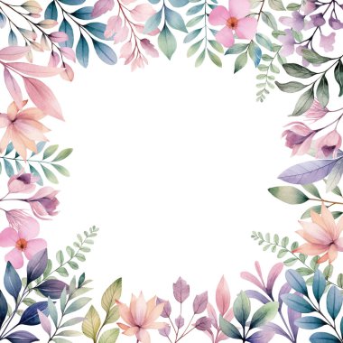 Botanik suluboya çerçeveli düğün davetiyeleri, posterler ve kartlar. Suluboya bitkileri şablon, pastel renkler