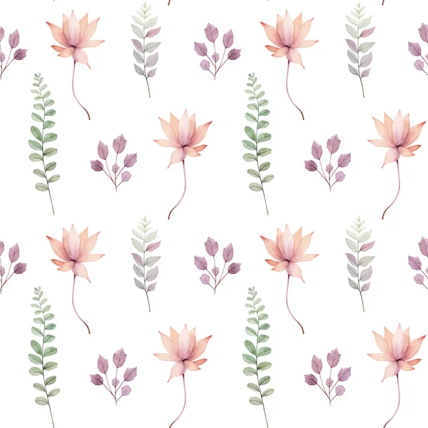 Aquarell Floralen Hintergrund Nahtloses Muster Mit Zarten Blättern Und Blüten — Stockvektor