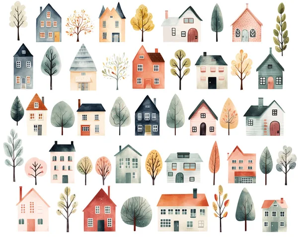 Büyük bir suluboya set İskandinav ağaçları ve evleri. İzole edilmiş sevimli çocuksu binalar. Moda tarayıcı vektör arkaplanı