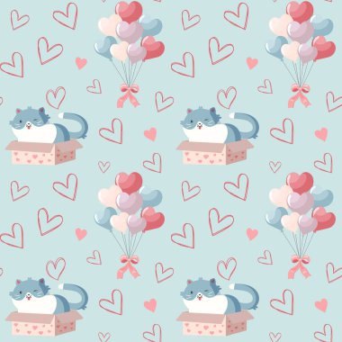 Kalpsiz vektör desenli kutudaki sevimli kedi. Sevgililer Günü geçmişi. Kalp şekillendirir balonları ve kedileri.