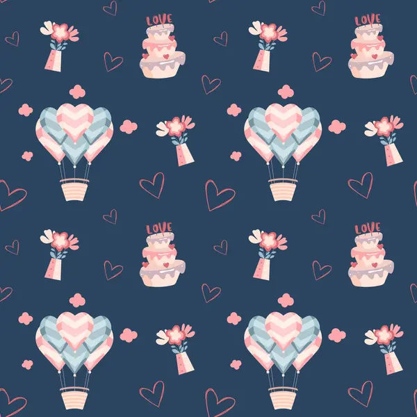 可爱的心形气球 喜欢蛋糕和花朵矢量图案 情人节的背景 — 图库矢量图片