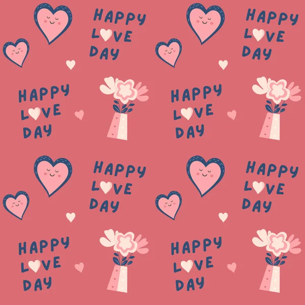 Niedliche Herzen Lieben Zitate Und Blumen Vektormuster Hintergrund Zum Valentinstag — Stockvektor