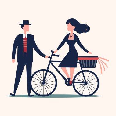 Aşık ve bisikletli romantik çift. Sevgililer Günü tasarımı düz stil. Romantik vektör ikonu. Klasik stil. 