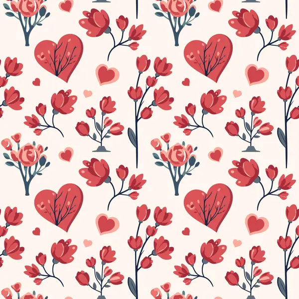 バレンタインデーパターン ハートの形とロマンチックな花 愛の花束シームレスなベクターの背景 — ストックベクタ