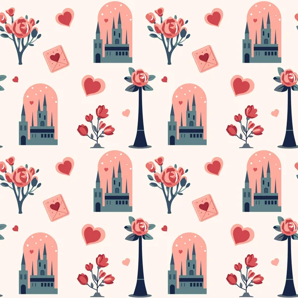 バレンタインデーパターン ハートの形とロマンチックな街 愛の花束シームレスなベクターの背景 — ストックベクタ