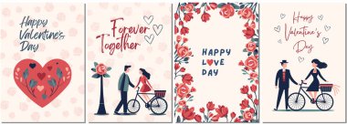 Sevgililer Günü konsept posteri düz stil. Aşk günü kartları. Çiftler, kalpler, güller. Pankart ya da tebrik kartı