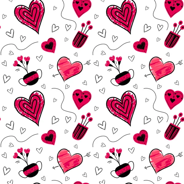 ロマンチックな花とハートを背景にしたドードル バレンタインデーシームレスなベクターパターン 手描きの愛の要素 — ストックベクタ