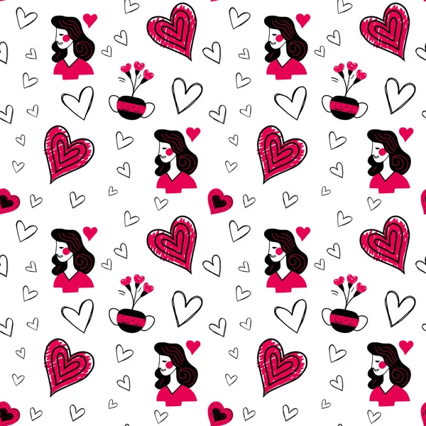Doodle Background Romantic Girl Hearts Valentine Day Seamless Vector Pattern — Stock Vector